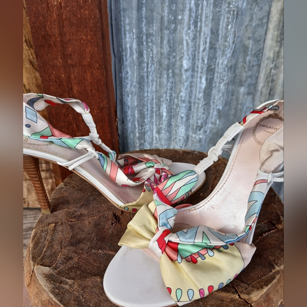 Emilio Pucci Colorful Patterned Heels SCARF BOW print Shoes 7.5 Womens Y2k - Picture 2 of 13